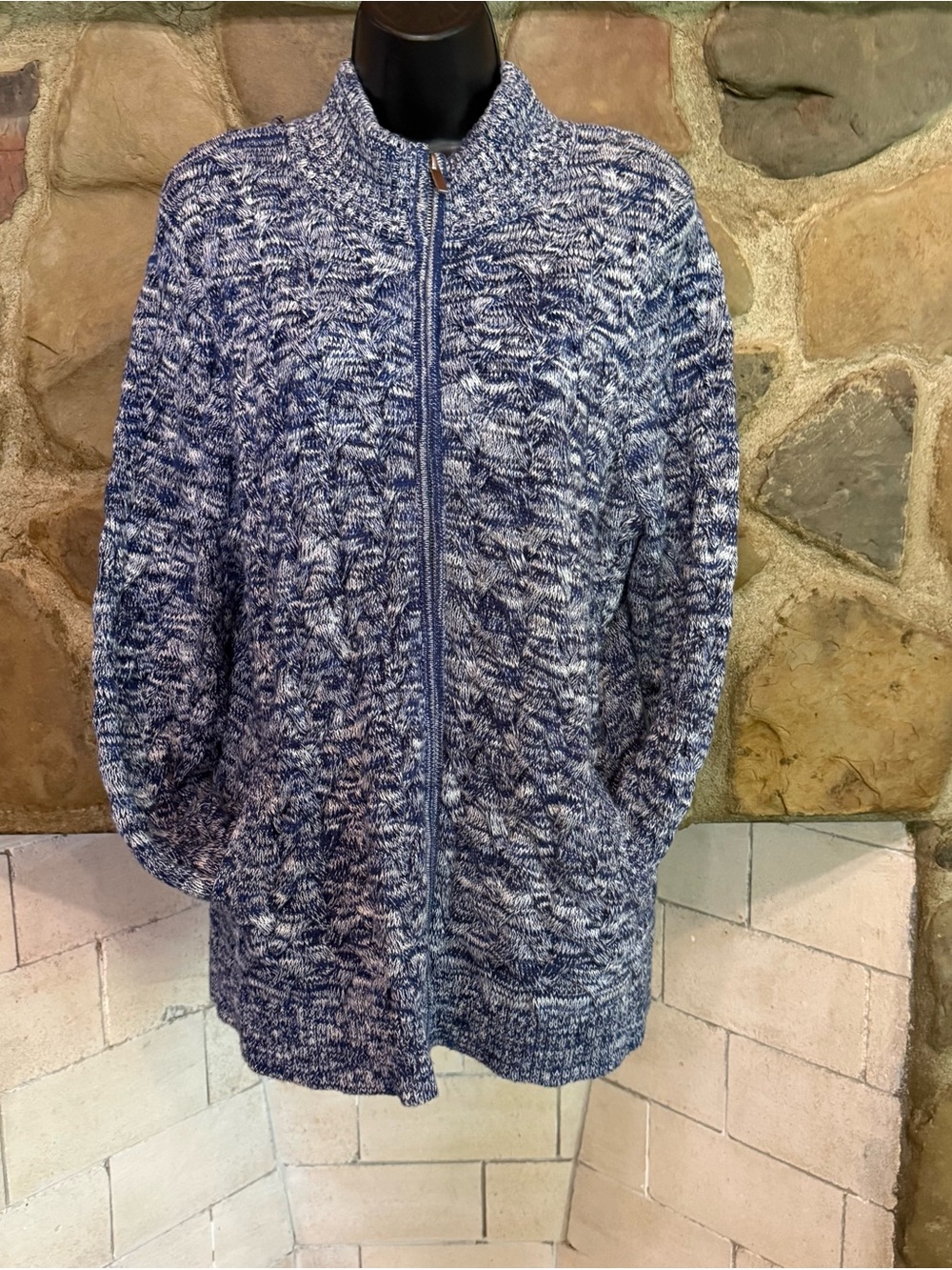 Lands' End Drifter Navy and White Marled Full Zip Cardigan